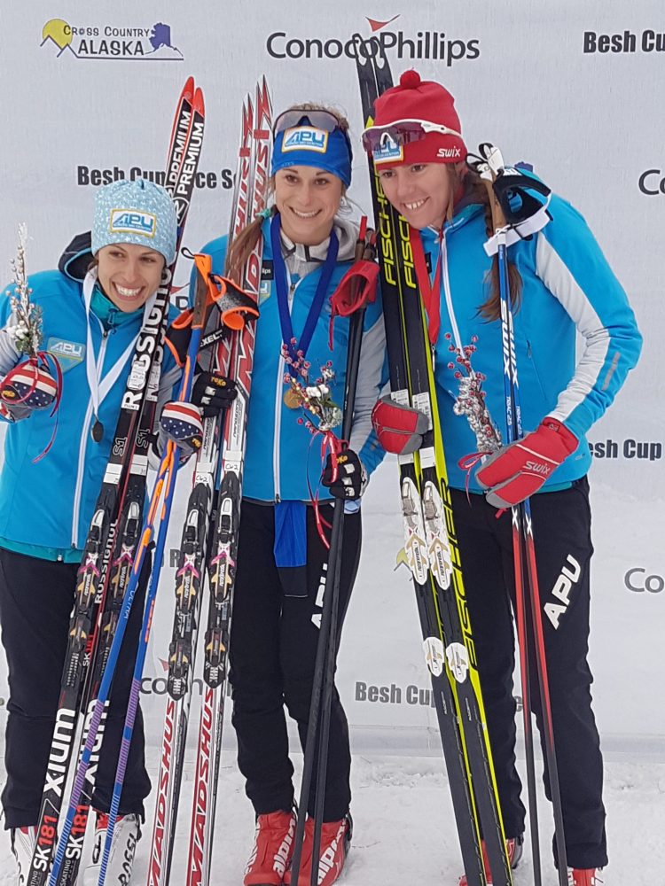 Jessica Yeaton (APU, c), Becca Rorabaugh (APU, r), and Rosie Frankowski (APU, l) on the podium for the women's 10 k skate at the Besh Cup race in Anchorage, Alaska, December 18, 2016. (photo: Lauri Bassett)