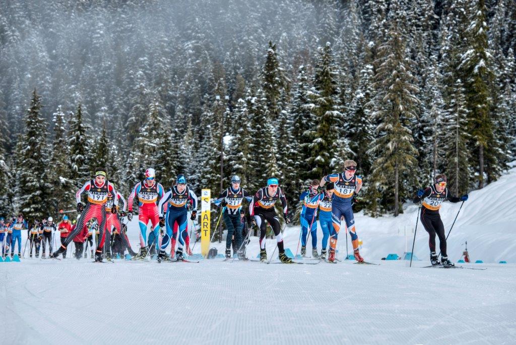 Start of the junior boys 3 x 5 k relay on Sunday, Jan. 22, at NorAm Western Canadian Championships at Whistler Olympic Park in Callaghan Valley, B.C. (Photo: Callaghan Valley XC)