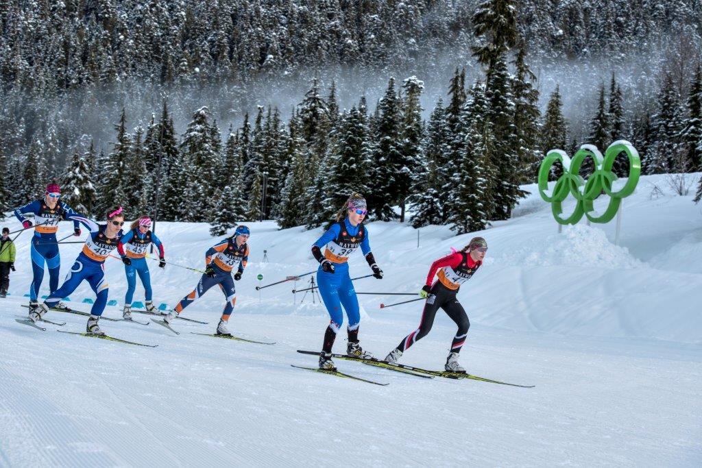 The junior girls 3 x 5 k relay on Jan. 22 at NorAm Western Canadian Championships at Whistler Olympic Park in Callaghan Valley, B.C. (Photo: Callaghan Valley XC)