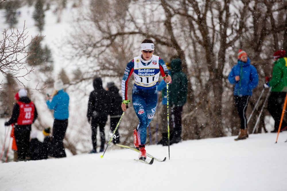 Julia Kern, of the Stratton Mountain School and U.S. Ski Team D-team, racing to the win in the junior women's 7.5 k classic mass start at 2017 U.S. nationals at Soldier Hollow in Midway, Utah. (Photo: U.S. Ski Team)