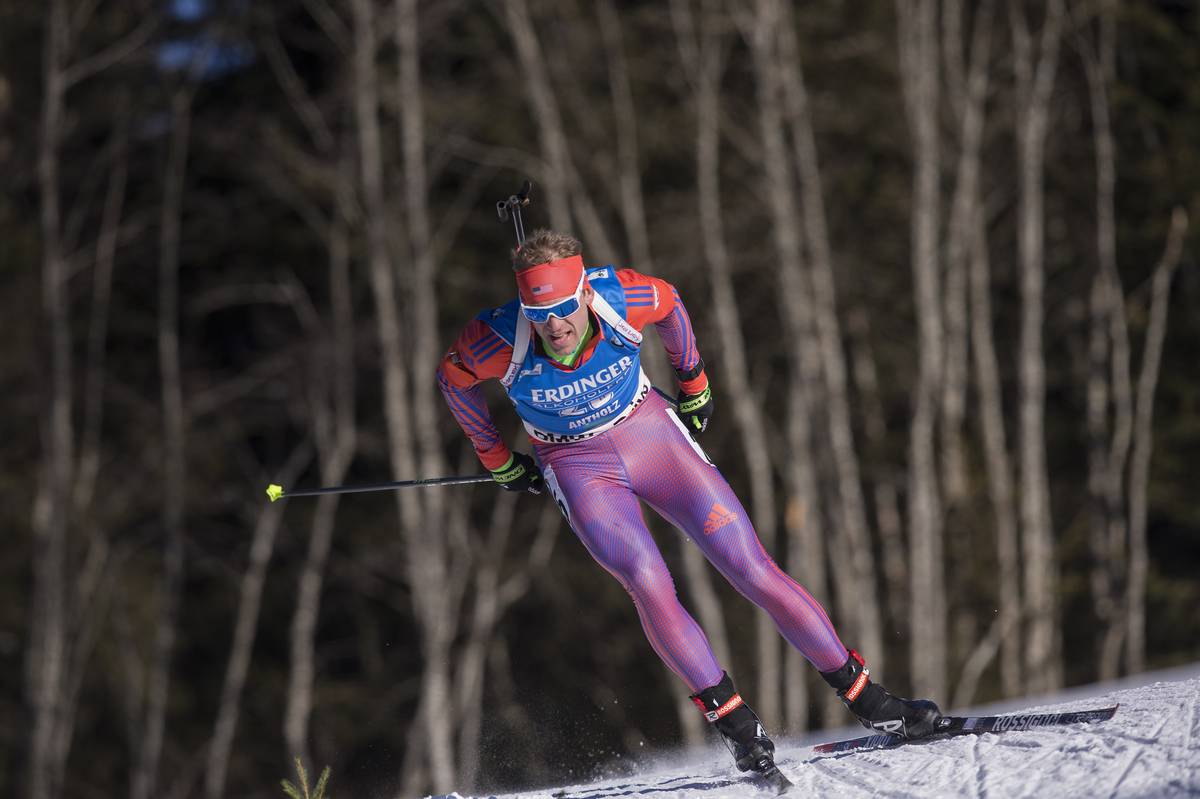 Lowell Bailey (US Biathlon) racing to 10th for his second individual top 10 of the season on Friday in the IBU World Cup men's 20 k individual in Antholz, Italy. Bailey led five U.S. men in the top 40. (Photo: USBA/NordicFocus)