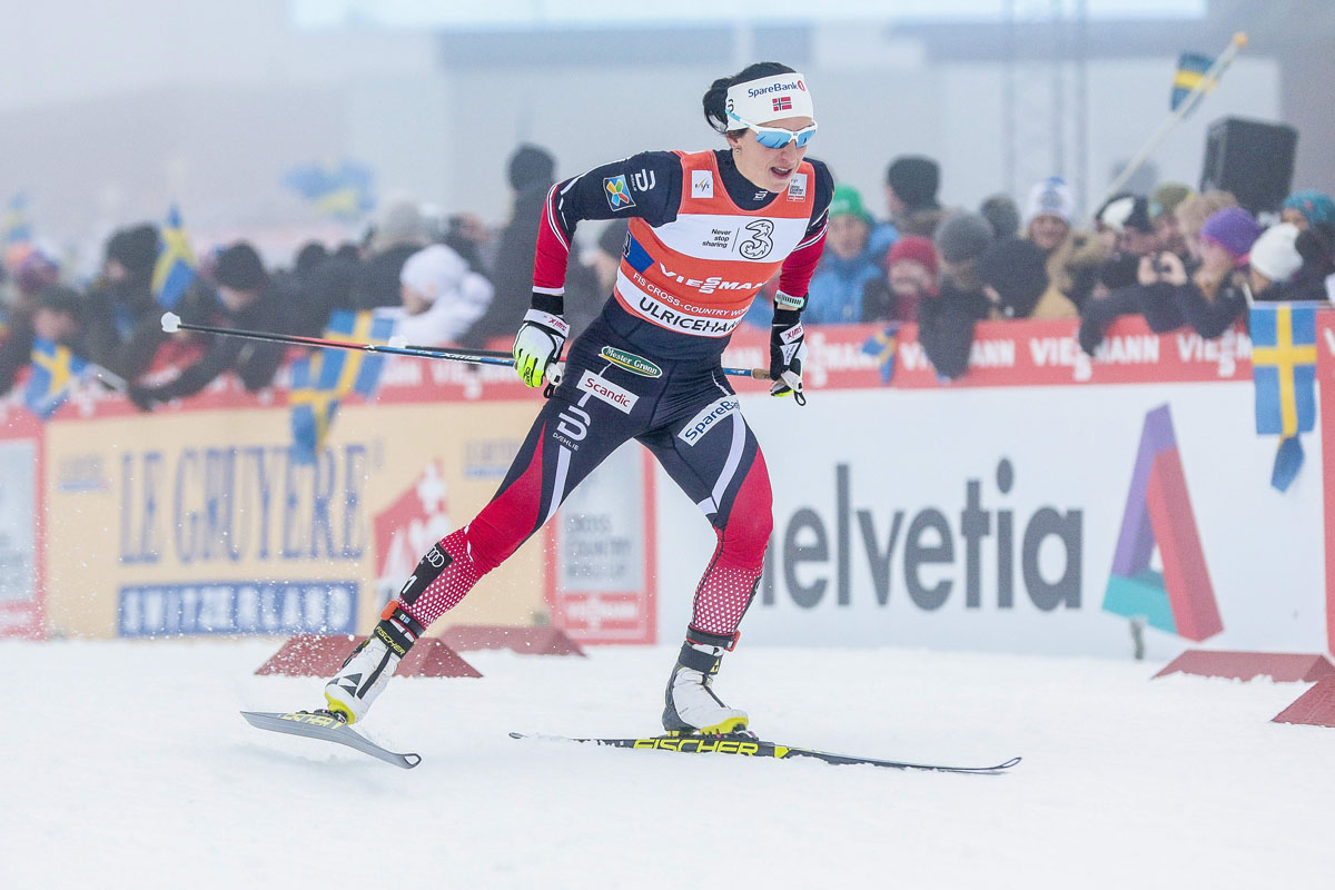 Marit Bjørgen taking Norway home for a win in the 4 x 5 k relay in Ulricehamn, Sweden. (Photo: Fischer/Nordic Focus)