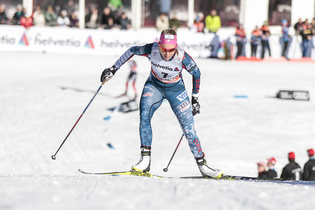 Sadie Bjornsen (U.S. Ski Team) racing to eighth in the Stage 1 freestyle sprint qualifier last Saturday in Val Mustair, Switzerland. She went on to place 23rd on the day. (Photo: Fischer/NordicFocus)