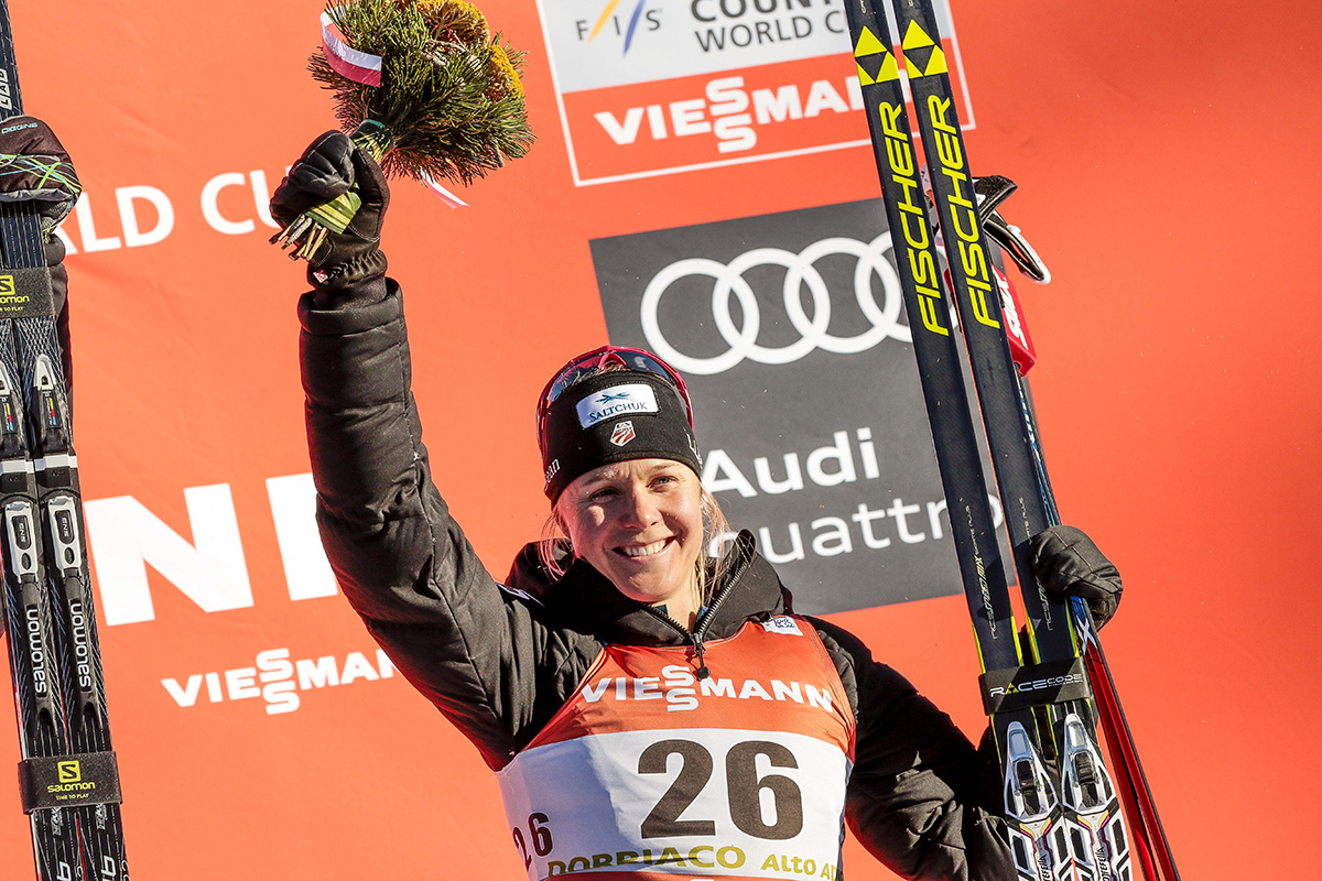Sadie Bjornsen (U.S. Ski Team) after placing third for her first career World Cup podium on Friday in the 5 k freestyle at Stage 5 of the Tour de Ski in Toblach, Italy. She is now ninth in the Tour standings. (Photo: Fischer/Nordic Focus)