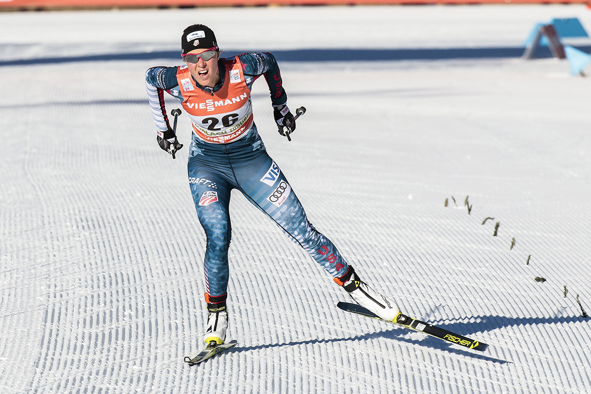 Sadie Bjornsen (U.S. Ski Team) racing to her first career World Cup podium on Friday at Stage 5 of the Tour de Ski in Toblach, Italy. She placed third in the 5 k freestyle. (Photo: Fischer/Nordic Focus)