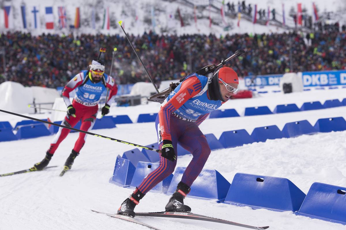 US Biathlon's Tim Burke (r) racing to 26th for his second-best individual result of the season on Saturday in the IBU World Cup 12.5 k pursuit in Oberhof, Germany. (Photo: USBA/NordicFocus) 