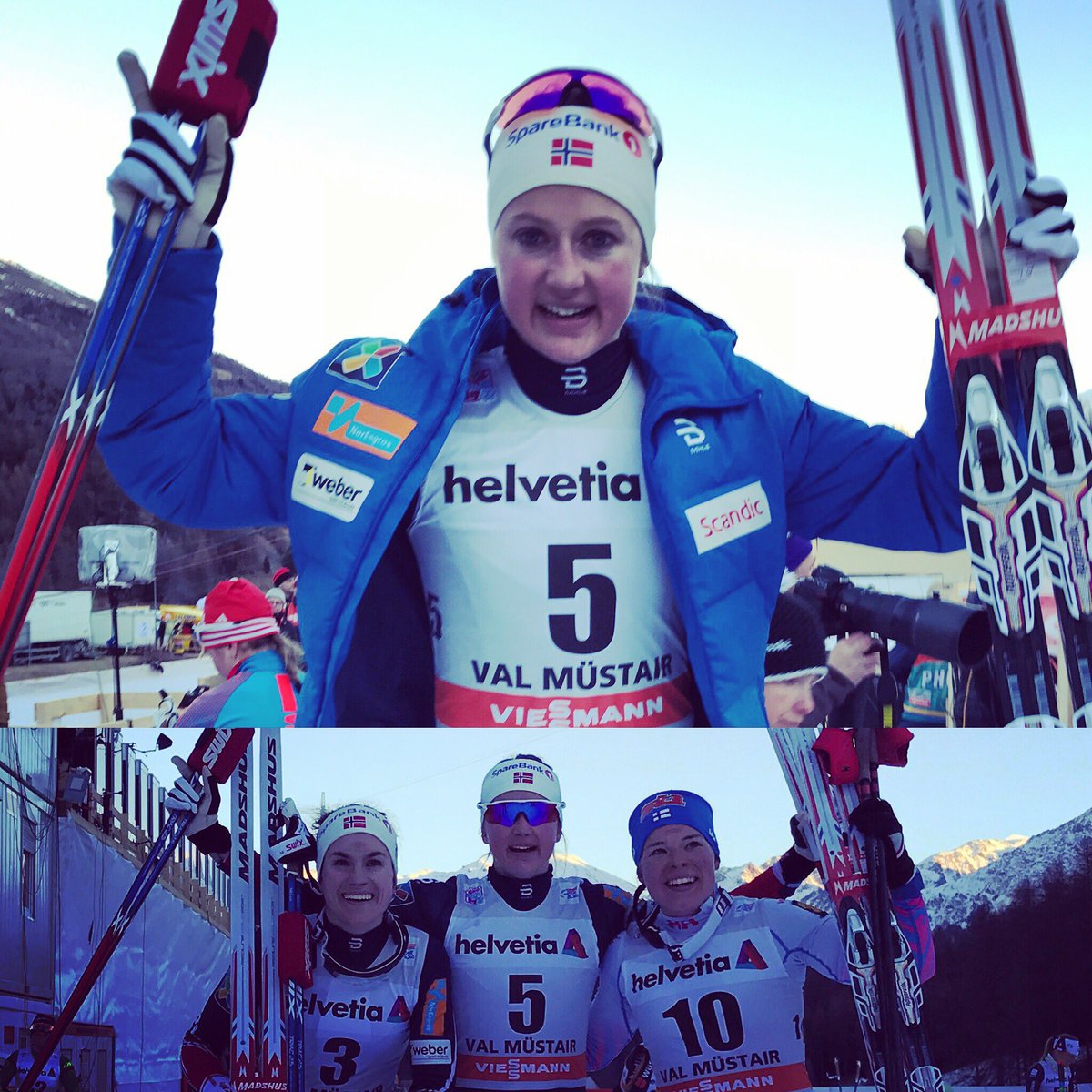 Norway's Ingvild Flugstad Østberg (top and bottom center) celebrates her win in Stage 2 of the 2017 Tour de Ski, the women's 5 k classic mass start, which she won over teammate Heidi Weng (l) and Finland's Krista Parmakoski (r). Østberg currently leads the overall Tour by more than 10 seconds over Weng with seven stages to go. (Photo: FIS Cross Country/Twitter)