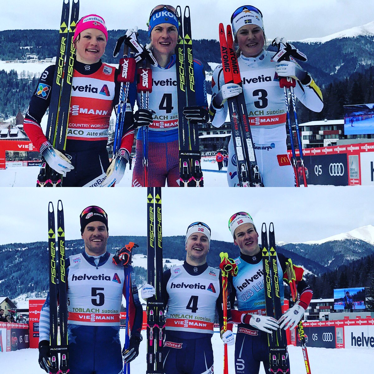 The women's (top) and men's (bottom) podiums at the World Cup 1.3 k freestyle sprints on Saturday in Toblach, Italy. Russia's Natalia Matveeva (top center) won the women's final, ahead of Norway's Maiken Caspersen Falla (top left) and Hanna Falk (top right). American Simi Hamilton (bottom left) took second in the men's final, behind Norway's Sindre Bjørnestad Skar (bottom center) and ahead of Norway's Johannes Høsflot Klæbo (bottom right) in third. (Photo: FIS Cross Country) 
