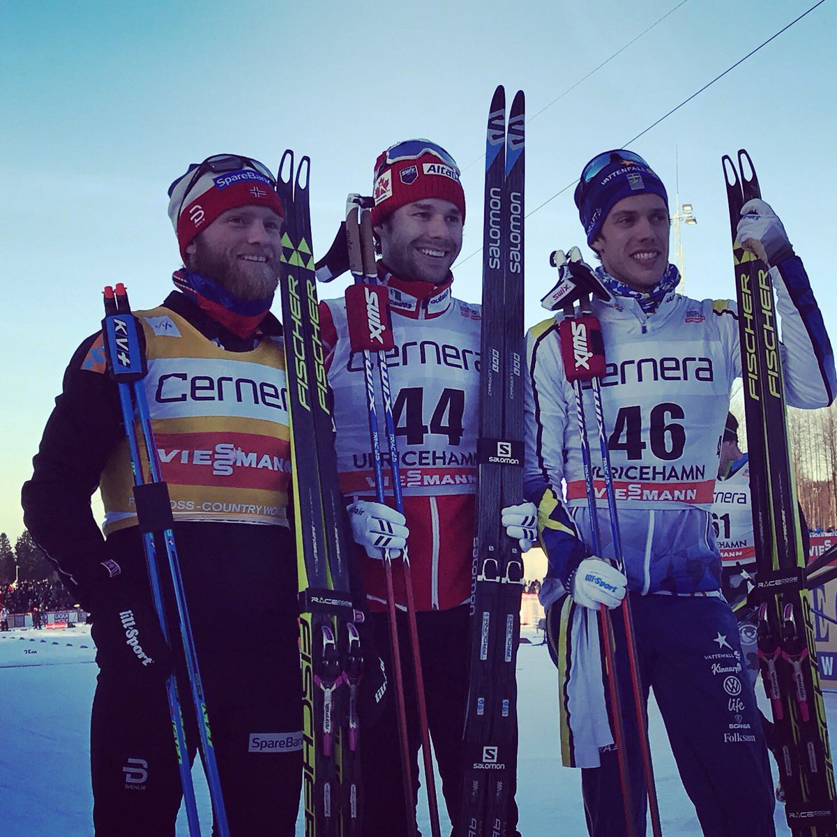 The men's 15 k freestyle podium at Saturday's World Cup in Ulricehamn, Sweden, with Canadian winner Alex Harvey (c), Norwegian runner-up Martin Johnsrud Sundby (l), and Sweden's Marcus Hellner (r) in third. (Photo: FIS Cross Country/Twitter)