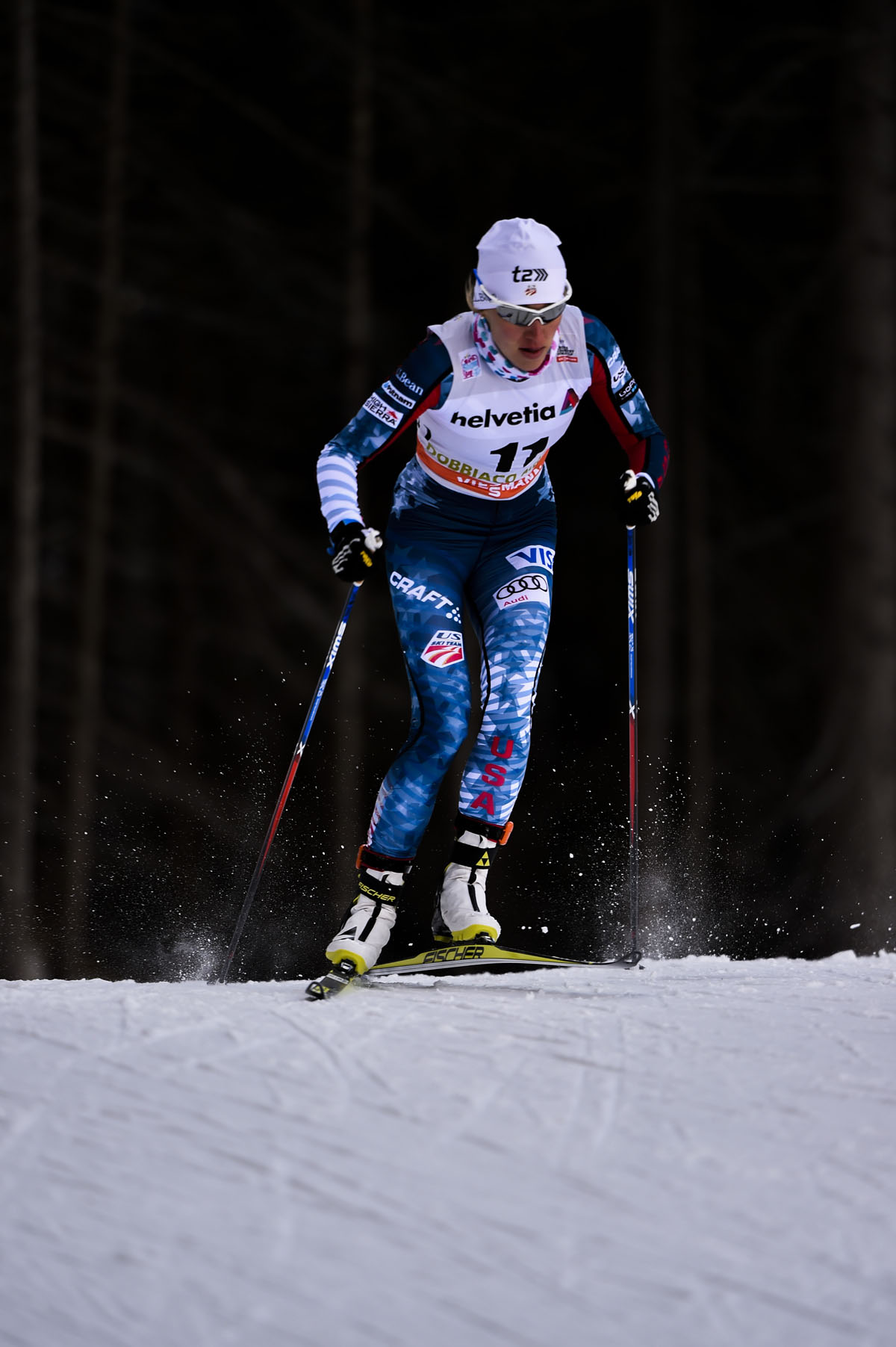 American Sophie Caldwell racing to 15th in the women's 1.3 k freestyle sprint qualifier at the World Cup in Toblach, Italy.(Photo: Fischer/NordicFocus)