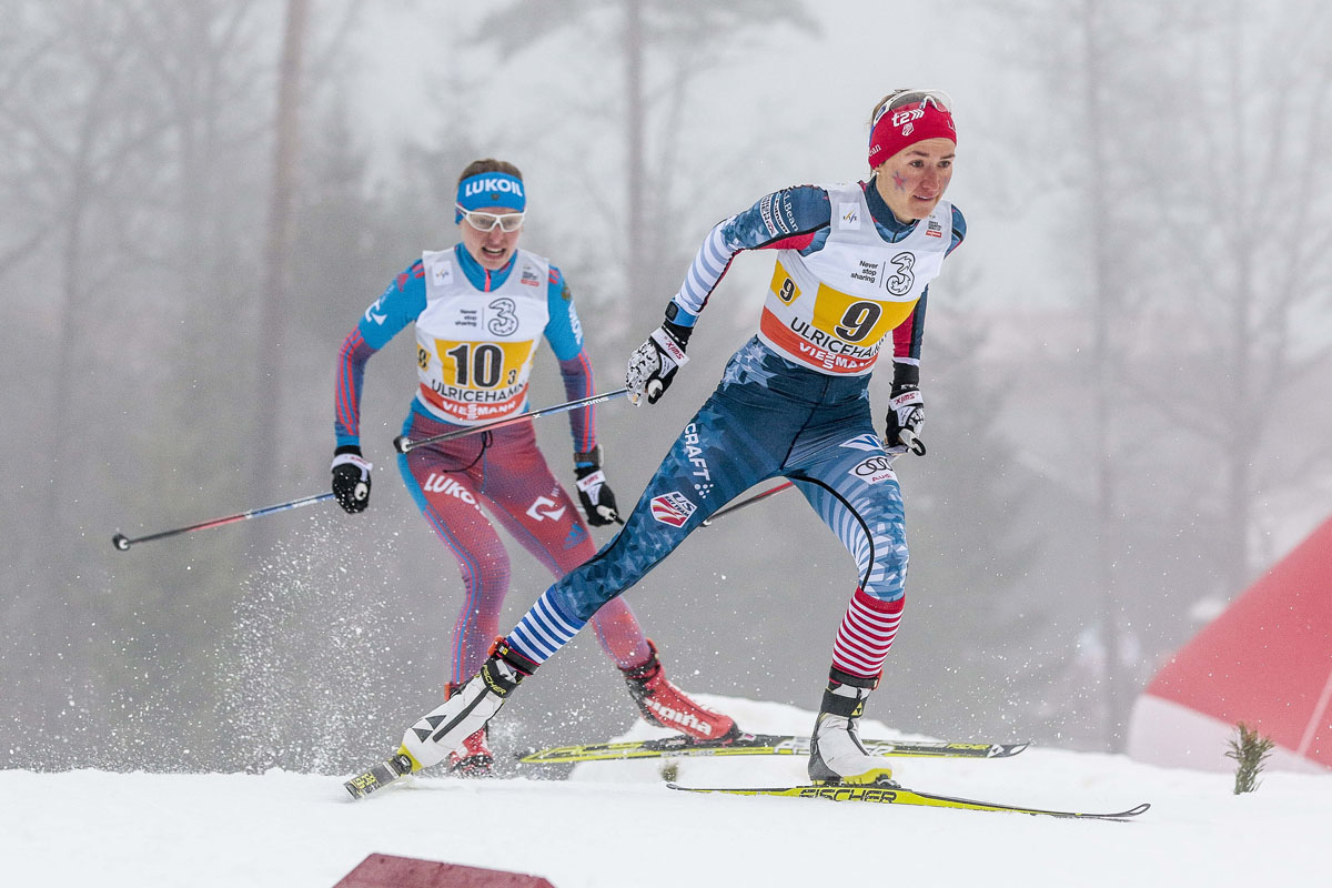 Sophie Caldwell skiing leg three for the second U.S. team. (Photo: Fischer/Nordic Focus)