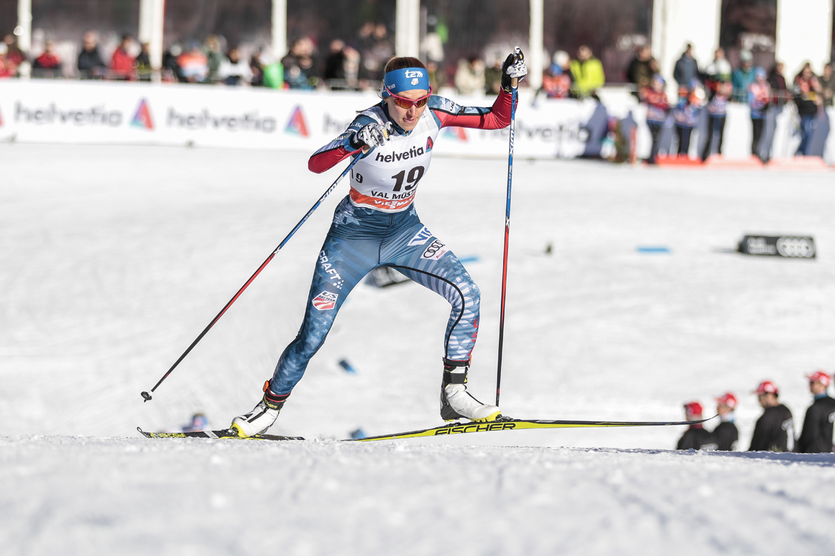 Sophie Caldwell (U.S. Ski Team) skating to fifth in the women's freestyle sprint qualifier at Stage 1 of the Tour de Ski last Saturday in Val Mustair, Switzerland. She went on to place 13th overall. (Photo: Fischer/NordicFocus)