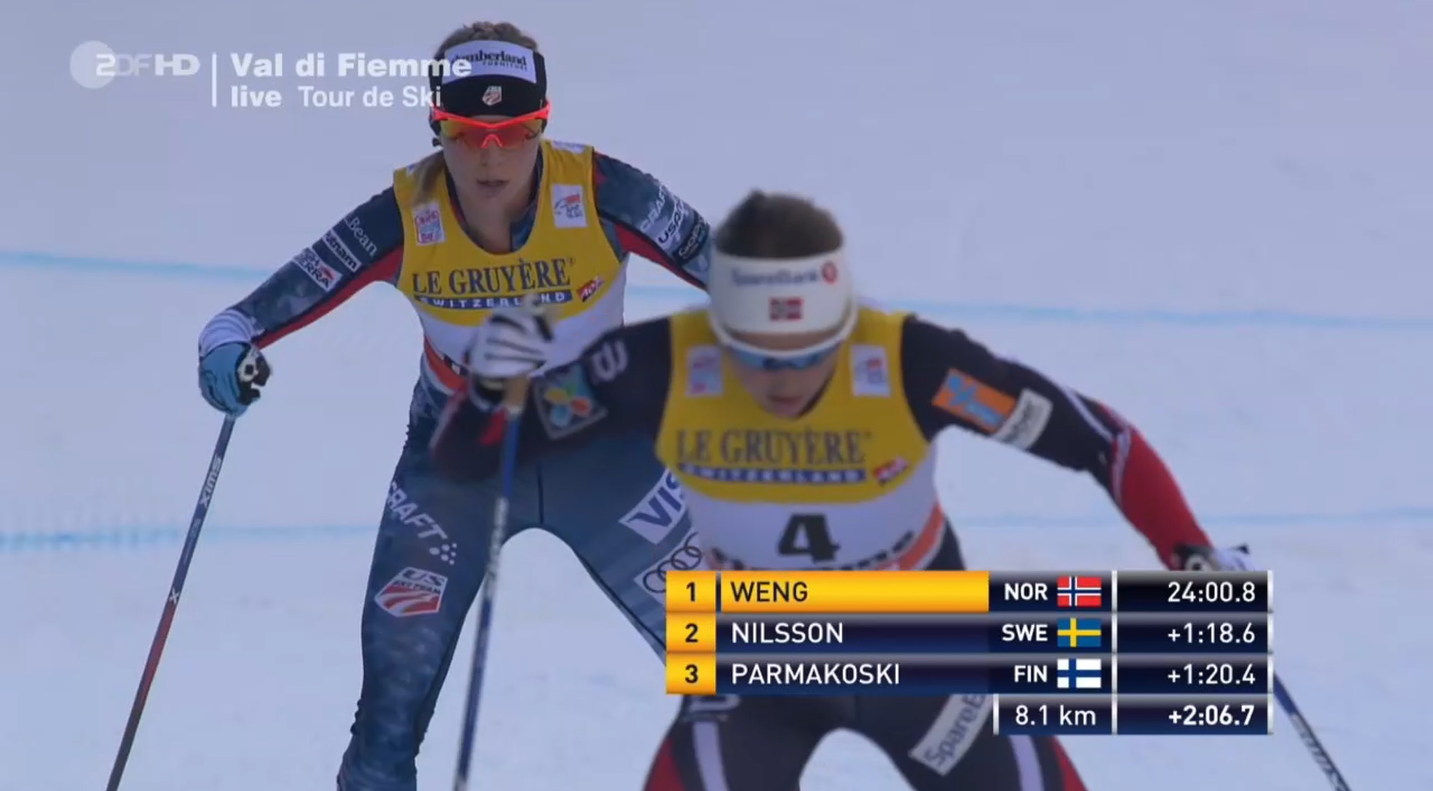 American Jessie Diggins chasing Norway's Ingvild Flugstad Østberg on the final climb of the 2017 Tour de Ski up the Alpe Cermis in Val di Fiemme, Italy. Østberg finished the Tour in fourth and Diggins fifth, tying a best-ever mark for the U.S., set in 2015 by Liz Stephen.