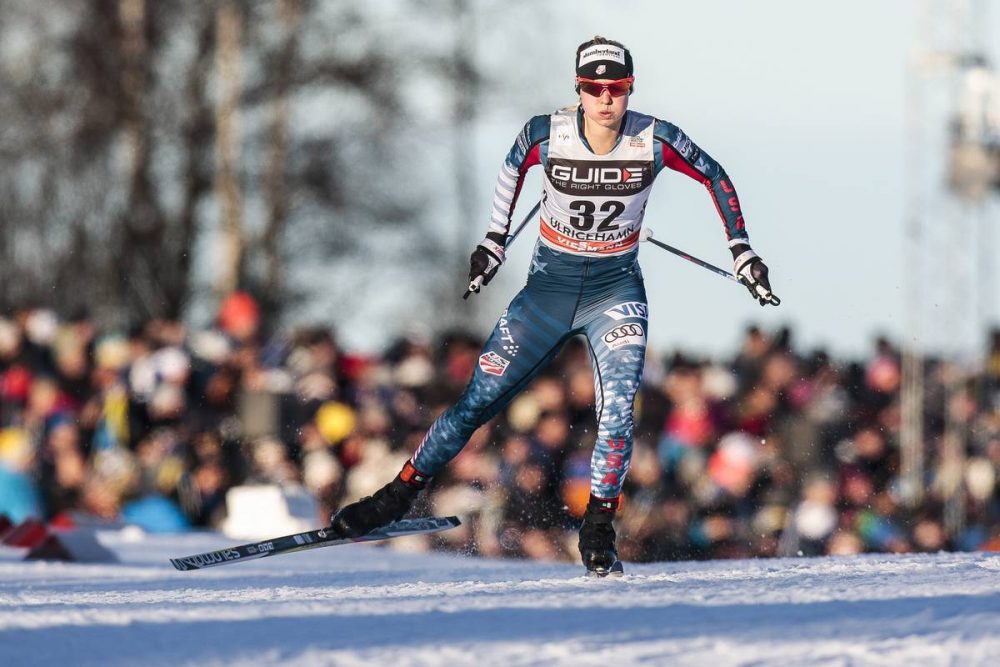 American Jessie Diggins on her way to a seventh place finish in the women's 10-kilometer freestyle race on Saturday in Ulricehamn, Sweden. (Photo: Salomon/Nordic Focus)