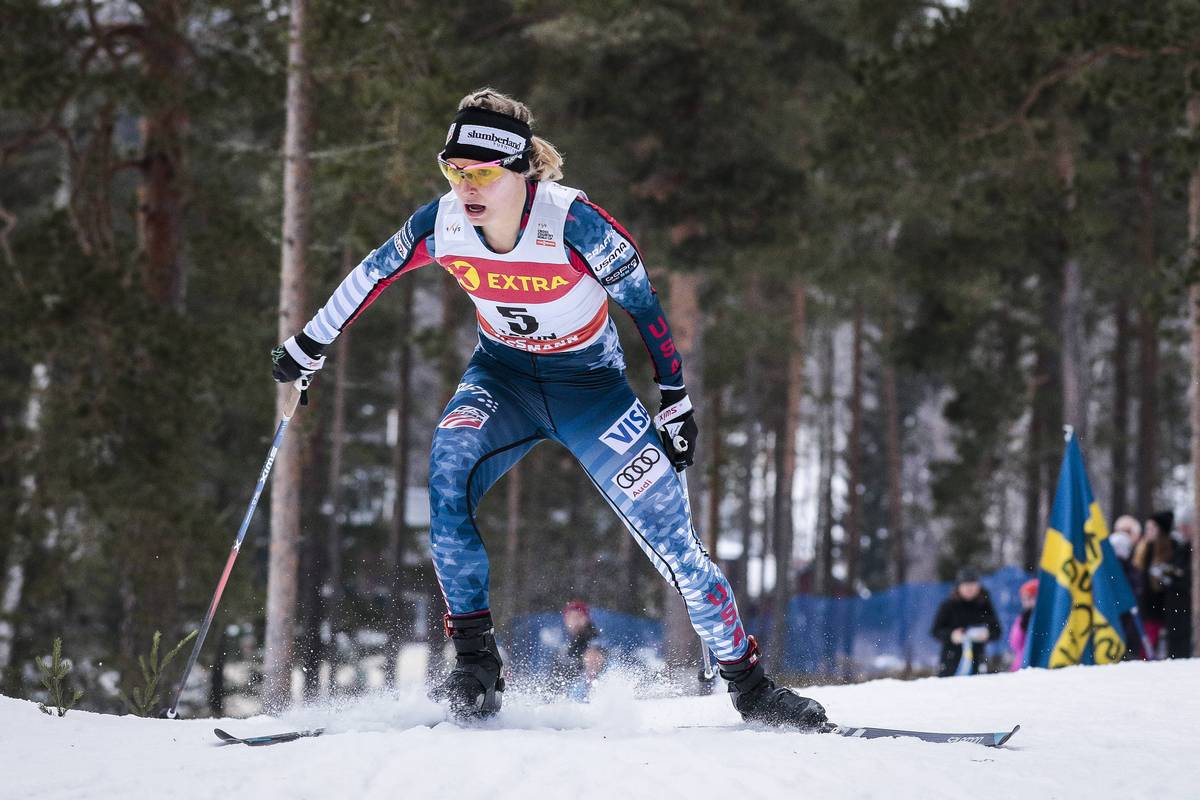 Jessie Diggins (U.S. Ski Team) during the women's qualifier of Saturday's 1.4 k freestyle sprint in Falun, Sweden. She ended up 10th overall on the day. (Photo: Salomon/NordicFocus)