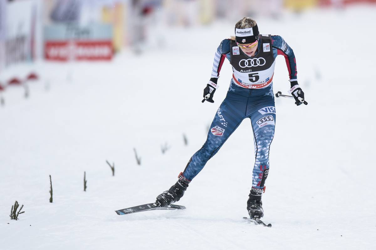 Jessie Diggins clinches fifth place in the current Tour de Ski standings with a tough effort in the Oberstdorf pursuit. (Photo: Salomon/NordicFocus)