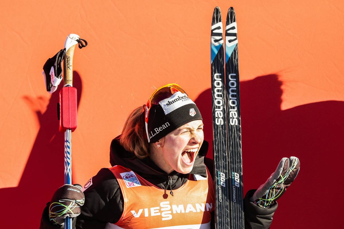 Jessie Diggins celebrating her third career win (in three-consecutive 5 k freestyle races) on Friday at Stage 5 of the Tour de Ski in Toblach, Italy. (Photo: Salomon/Nordic Focus)