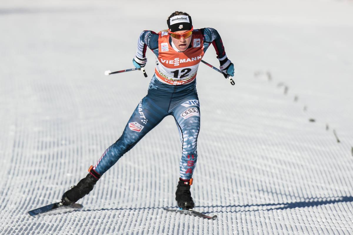 Jessie Diggins (U.S. Ski Team) racing to first for her third-straight 5 k freestyle victory on Friday at Stage 5 of the Tour de Ski in Toblach, Italy. Diggins won her first World Cup race in the Toblach 5 k one year ago. (Photo: Salomon/NordicFocus)