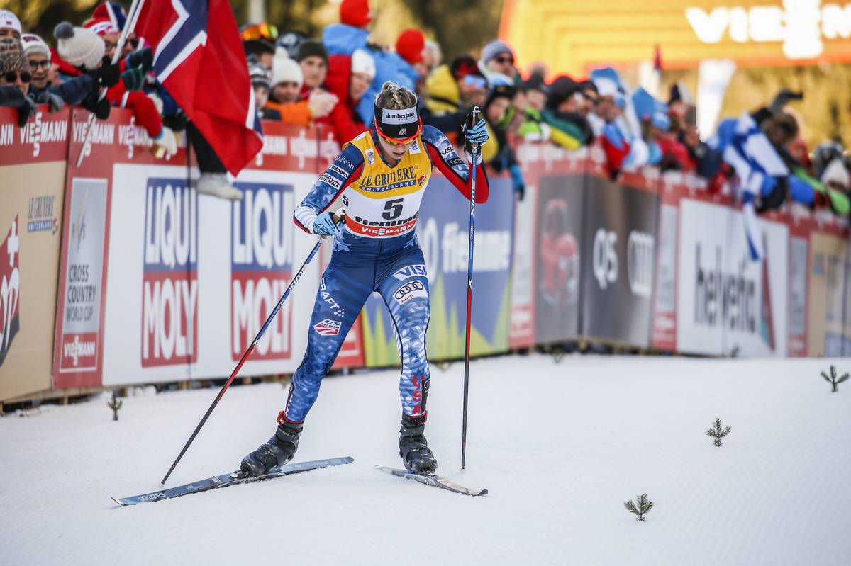 Jessie Diggins (U.S. Ski Team) racing to fifth in the women's 9 k final climb up Alpe Cermis in Val di Fiemme, Italy, for fifth overall in the 2017 Tour de Ski. (Photo: Salomon/NordicFocus)