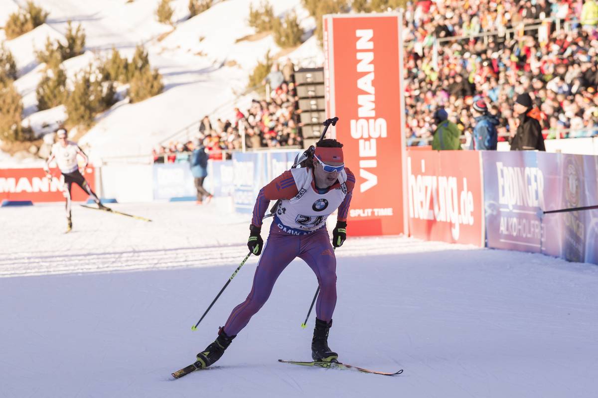 Sean Doherty (US Biathlon) crossing the finish line in sixth for the U.S. men's 4 x 7.5 k relay on Saturday at the IBU World Cup in Antholz, Italy. (Photo: USBA/NordicFocus)