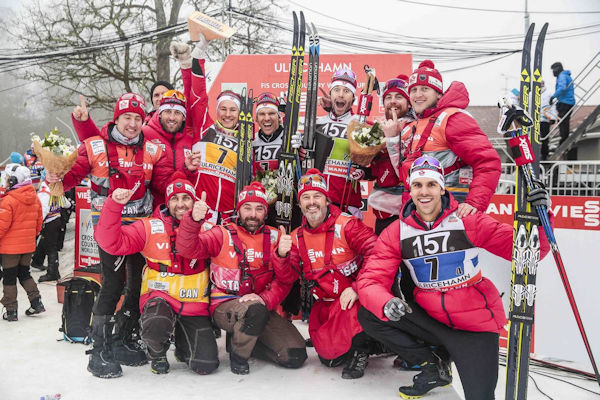 Team Canada celebrates their first World Cup relay podium in the men's 4 x 7.5-kilometer team relay on Sunday in Ulricehamn, Sweden. (Photo: Cross Country Canada)