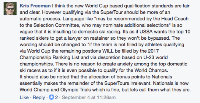 Kris Freeman comment on FasterSkier Facebook page, Sept. 4, 2016. (photo: screenshot)