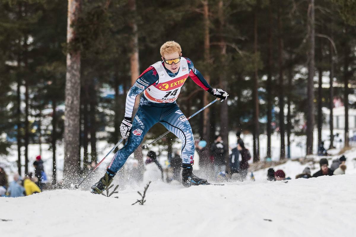 American Matt Gelso racing to 59th in his first-ever World Cup sprint on Saturday in Falun, Sweden. (Photo: Salomon/NordicFocus)
