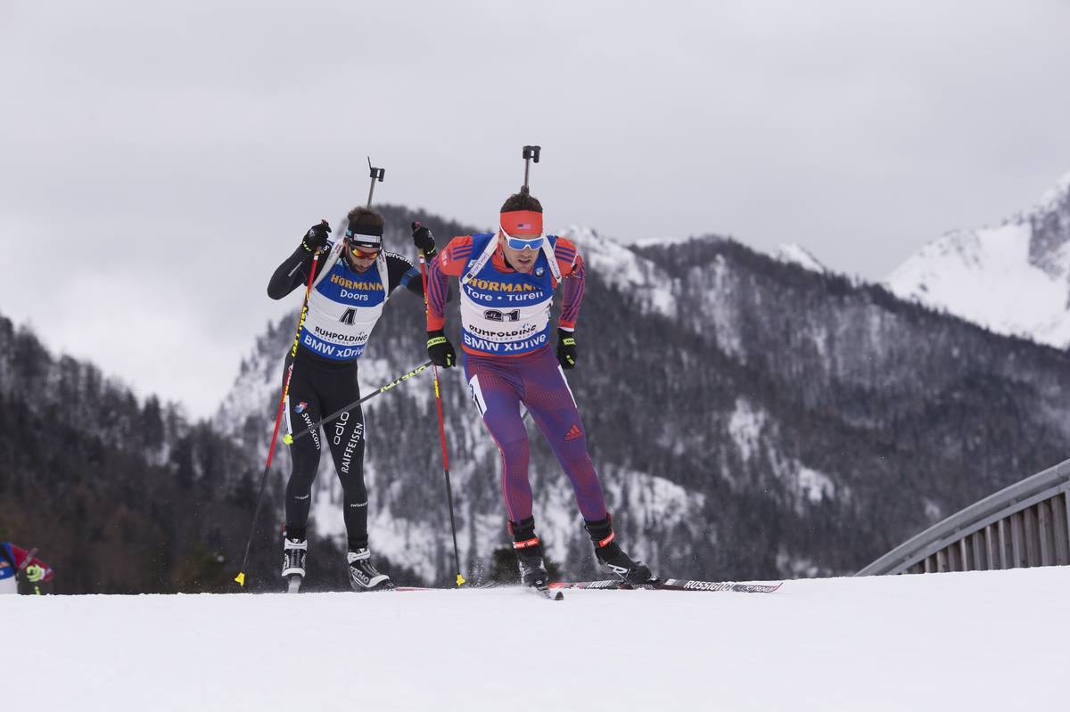 Tim Burke (US Biathlon) leads Switzerland's Serafin Wiestner in the IBU World Cup men's 10 k sprint on Friday in Ruhpolding, Germany. Burke finished 12th for a season best, and Wiestner was 41st. (Photo: USBA/NordicFocus)