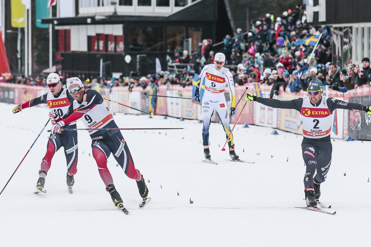 Italy's Federico Pellegrino (r) edging Norway's Emil Iversen in Saturday's freestyle sprint final at the World Cup in Falun, Sweden. (Photo: Fischer/NordicFocus)