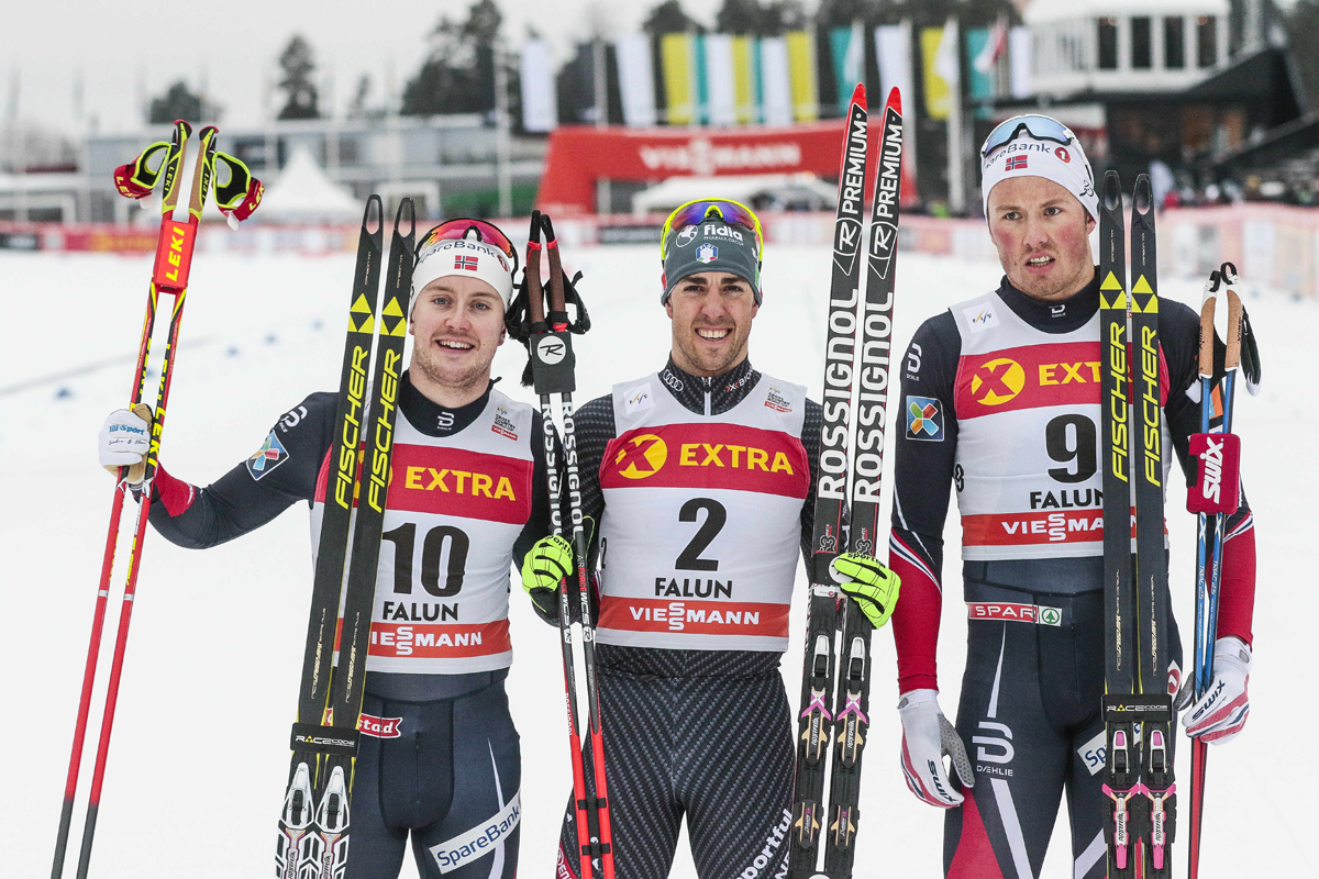 The men's freestyle sprint podium on Saturday at the World Cup in Falun, Sweden, with Italian winner Federico Pellegrino (c), and Norway's Emil Iversen (r) in second and Sindre Bjørnestad Skar (l) in third. (Photo: Fischer/NordicFocus)