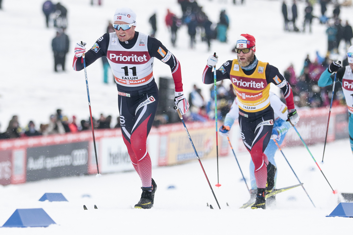 Emil Iversen leading fellow Norwegian Martin Johnsrud Sundby in the men's 30 k classic mass start on Sunday at the World Cup in Falun, Sweden. (Photo: Fischer/NordicFocus)