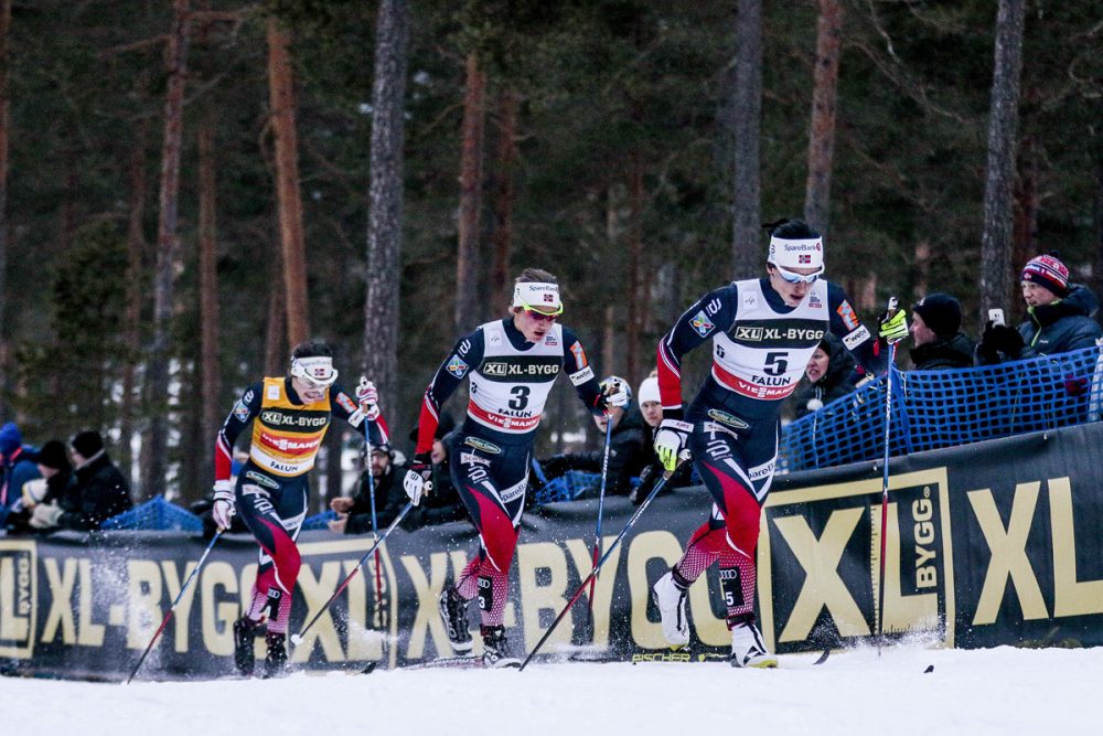 Right to left: Norway's Marit Bjørgen leading her teammates Ingvild Flugstad Østberg and Heidi Weng during the women's 15-kilometer classic mass start on Sunday in Falun, Sweden. (Photo: Fischer/Nordic Focus)