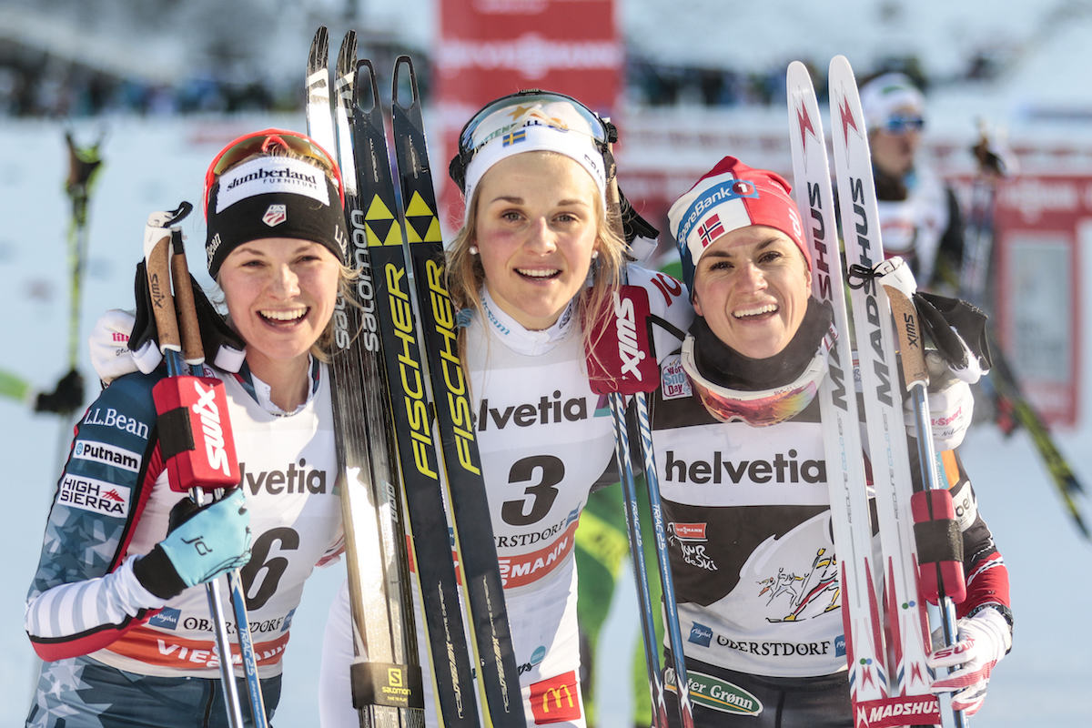 Race winner Stina Nilsson of Sweden (c) and second-place Jessie Diggins of the United States both had the best results of their careers over 10 kilometers, in Tuesday's skiathlon in Oberstdorf. Heidi Weng of Norway was third. (Photo: Fischer/NordicFocus)