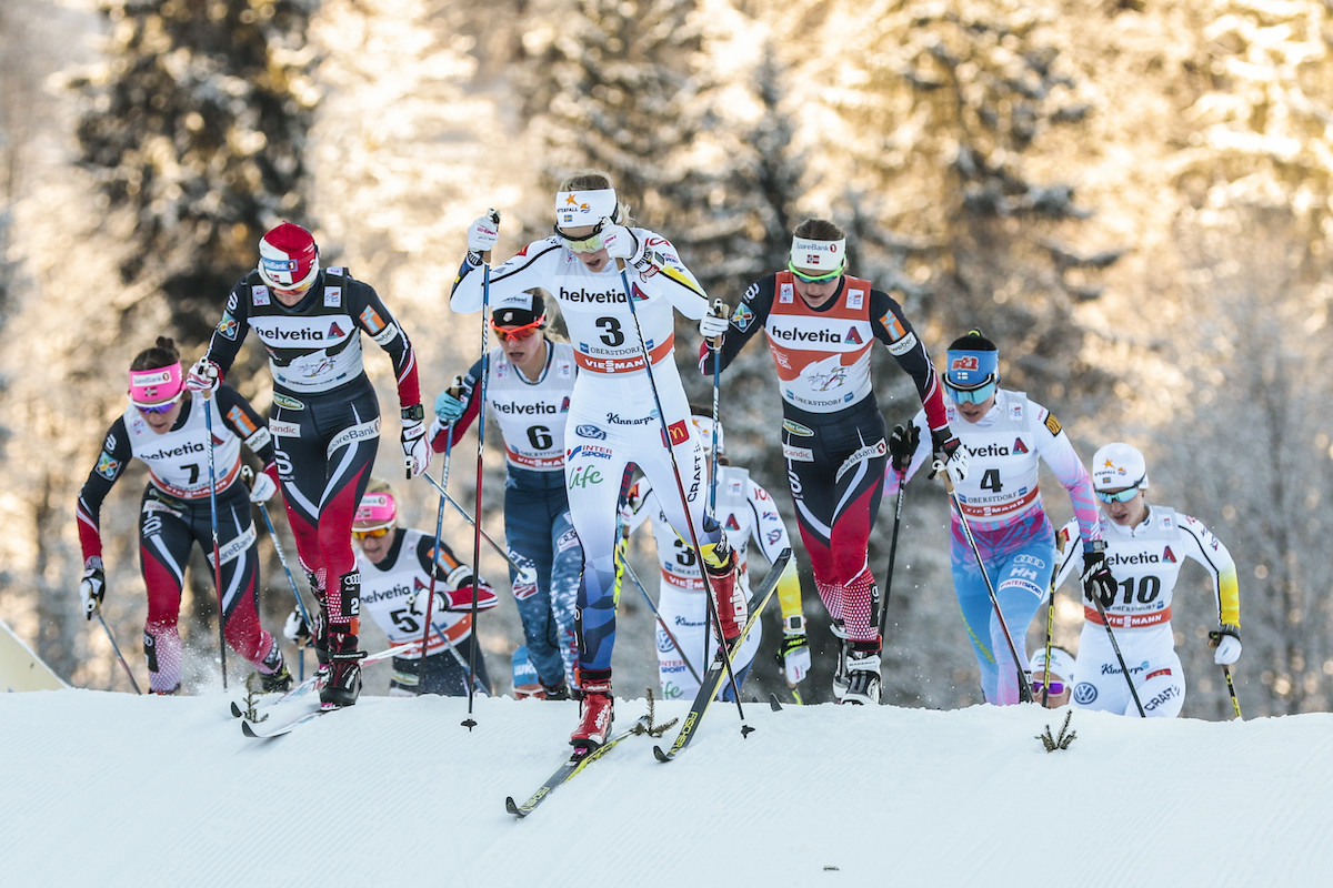 Sweden's Stina Nilsson leading over the top of a hill in the Oberstdorf skiathlon. (Photo: Fischer/NordicFocus)