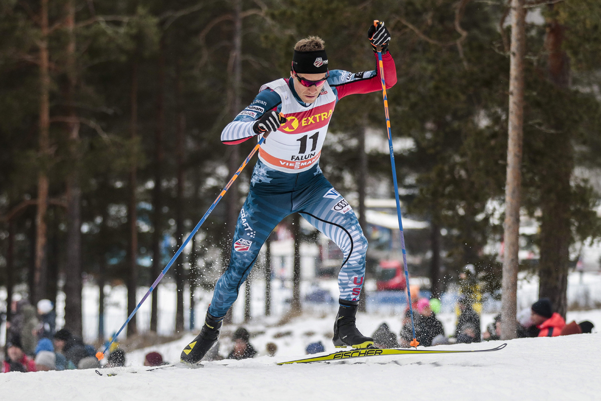 Simi Hamilton (U.S. Ski Team) racing to 13th in the men's qualifier of the 1.4 k freestyle sprint on Saturday at the World Cup in Falun, Sweden. He went on to place 18th on the day. (Photo: Fischer/NordicFocus)