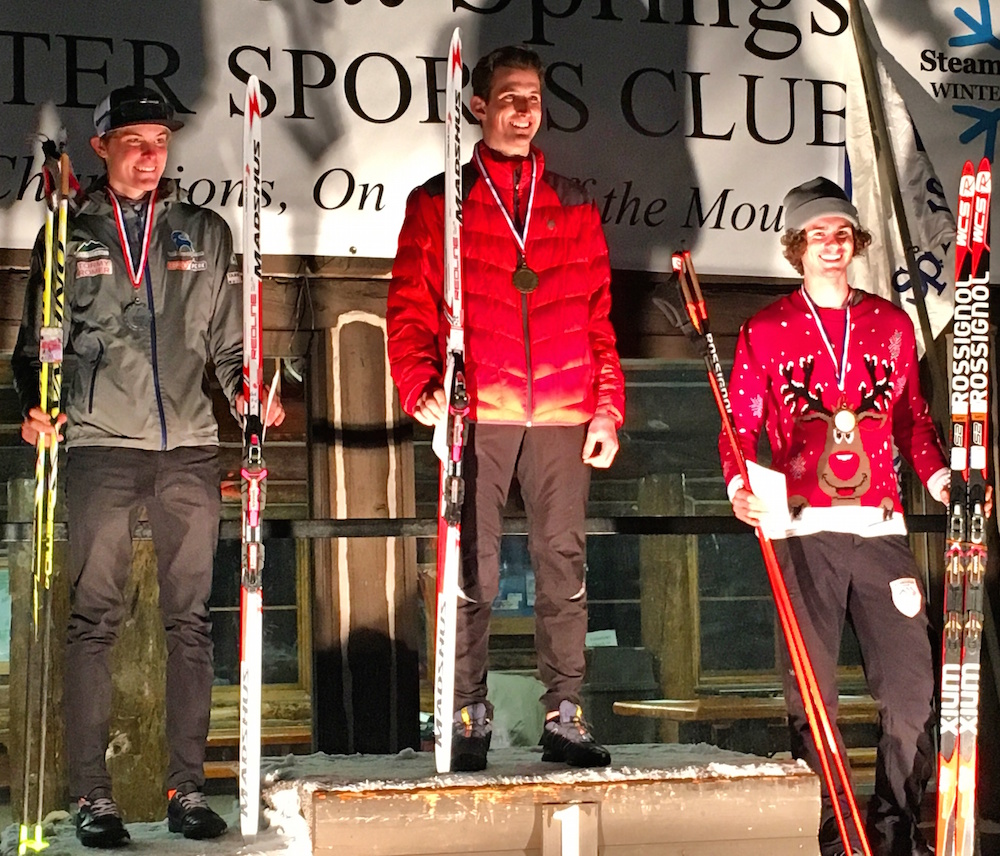 Grant Andrews (c) on the podium in first at home at the first Junior Worlds qualifier in Steamboat Springs, Colo., with Koby Vargas (l) in second and Tucker Hoefler (r) in third. (Photo: Courtesy photo)