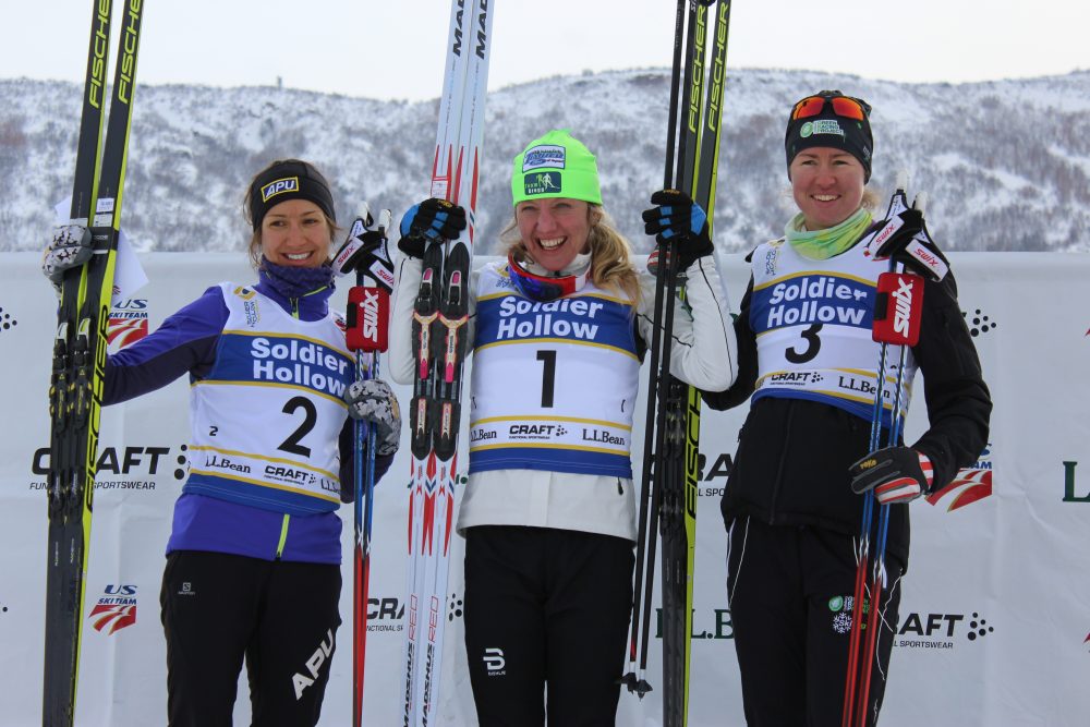 Left to right: Chelsea Holmes of Alaska Pacific University, Caitlin Gregg of Team Gregg and Caitlin Patterson of the Craftsbury Green Racing Project standing on the podium for the women's 10-kilometer freestyle event on Saturday at U.S. nationals in Midway, Utah. 