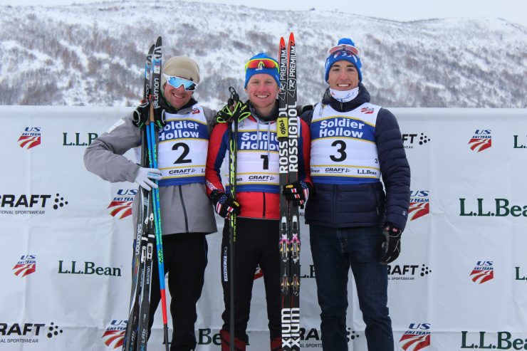 Men's National Championships 15 k freestyle "American" podium at Soldier Hollow, Utah 1/7/17: Kyle Bratrud (CXC) 1st, Tad Elliott (SSCV) 2nd, and Patrick Caldwell (SMST2) 3rd. (Photo:FasterSkier)