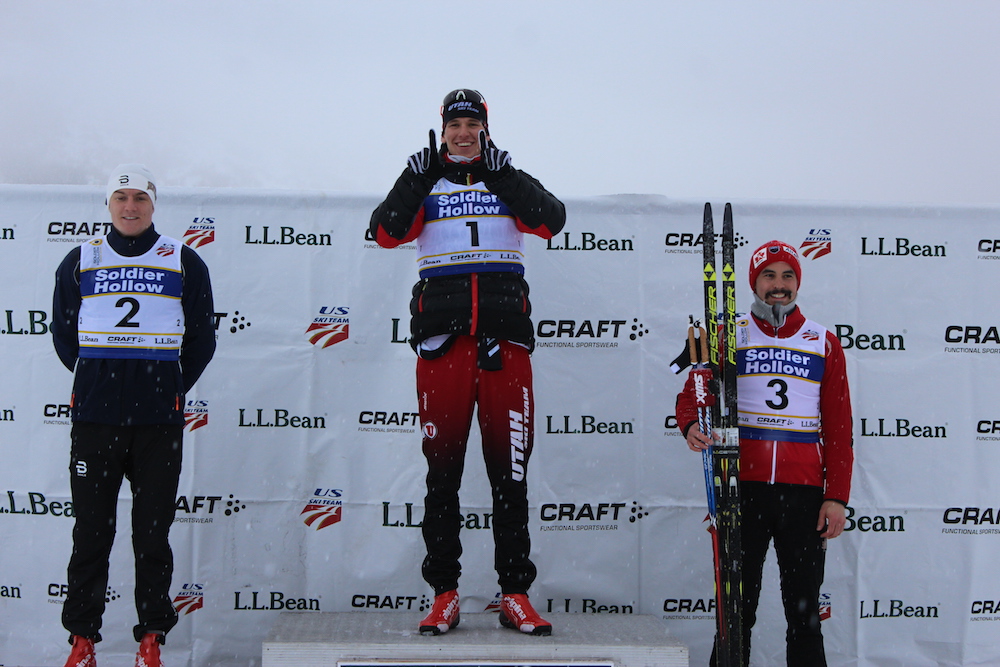 The men's classic sprint podium at 2017 U.S. nationals at Soldier Hollow on Sunday: with winner Kevin Bolger (c) of the University of Utah, runner-up Moritz Madlener (l) of the University of Denver, and Jess Cockney (r) of the Canadian World Cup B-team in third.