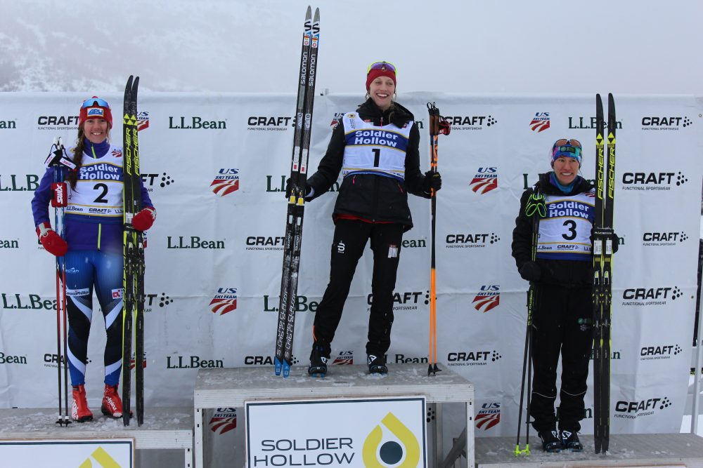 The women's classic sprint podium at 2017 U.S. nationals on Sunday at Soldier Hollow: with winner Jennie Bender (c) of the Bridger Ski Foundation, runner-up Becca Rorabaugh (l) of Alaska Pacific University, and Kaitlynn Miller (r) of the Craftsbury Green Racing Project in third. 