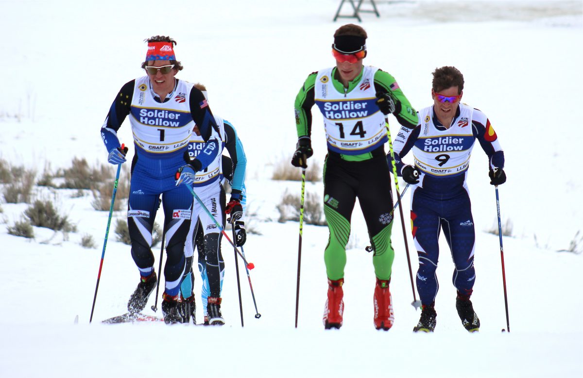 Scott Patterson (1) and Ben Lustgarten (14) leading Kris Freeman (9), and Brian Gregg (behind Patterson) during Tuesday's 30 k classic mass start at 2017 U.S. nationals at Soldier Hollow in Midway, Utah.