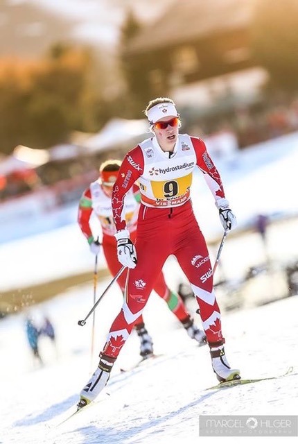 Dahria Beatty (AWCA/Canadian U25 Team) racing in the women's 4 x 5 k relay at the World Cup on Dec. 18 in La Clusaz, France. The Canadian women placed 12th. (Photo: Marcel Hilger)
