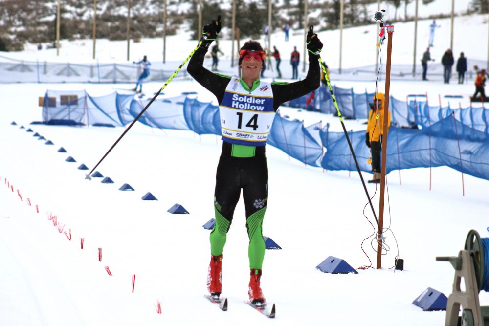 Ben Lustgarten (14) celebrating his first career win at the domestic level with a national title in the men's 30 k classic mass start on Tuesday at 2017 U.S. nationals at Soldier Hollow in Midway, Utah.