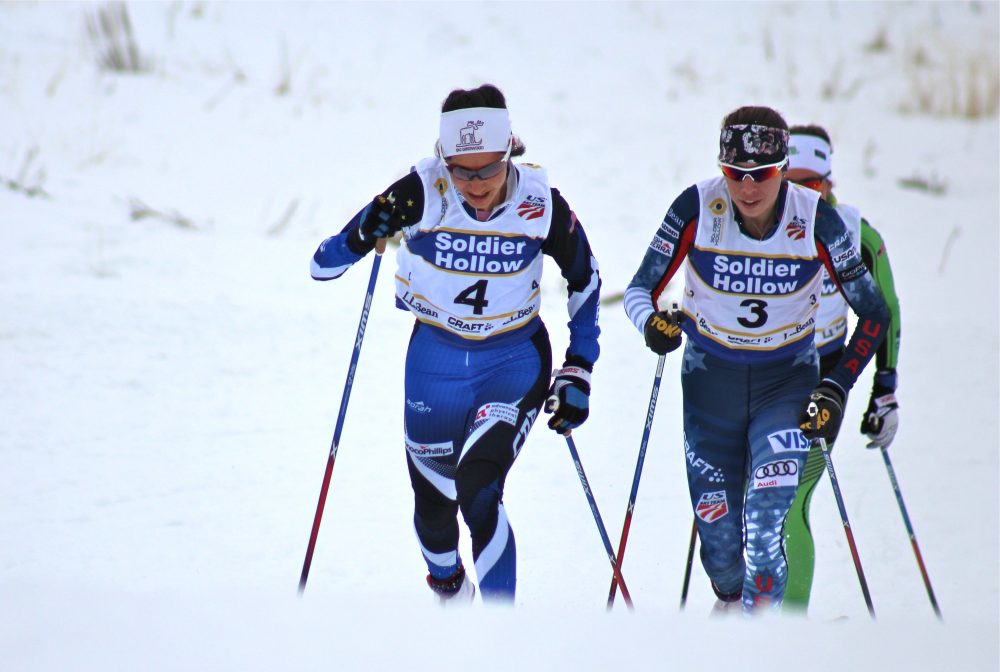 Chelsea Holmes (l) of Alaska Pacific University leads Katharine Ogden (c) and Caitlin Patterson of the Craftsbury Green Racing Project during the women's 20-kilometer classic masst start on Tuesday at U.S. nationals in Midway, Utah. 