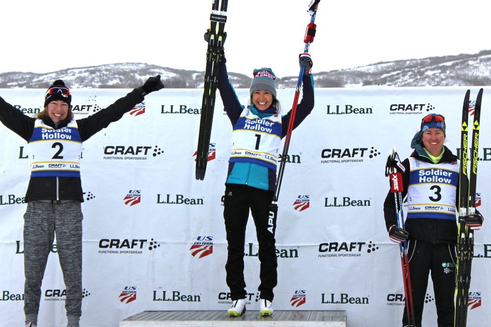 The women's 20 k classic mass start podium on Tuesday at 2017 U.S. nationals at Soldier Hollow, with winner Chelsea Holmes (c), runner-up Katharine Ogden (l), and third-place finisher Caitlin Patterson.