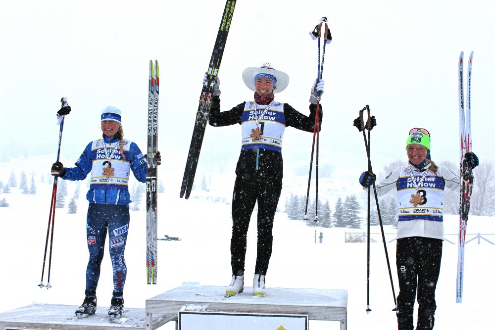 The women's freestyle-sprint prologue podium on Thursday, the final day of 2017 U.S. Cross Country Championships at Soldier Hollow in Midway, Utah. Canada's Dahria Beatty (AWCA/NST U25 Team) took first, Hannah Halvorsen (Sugar Bowl Academy/USST) second, and Caitlin Gregg (Team Gregg) third.