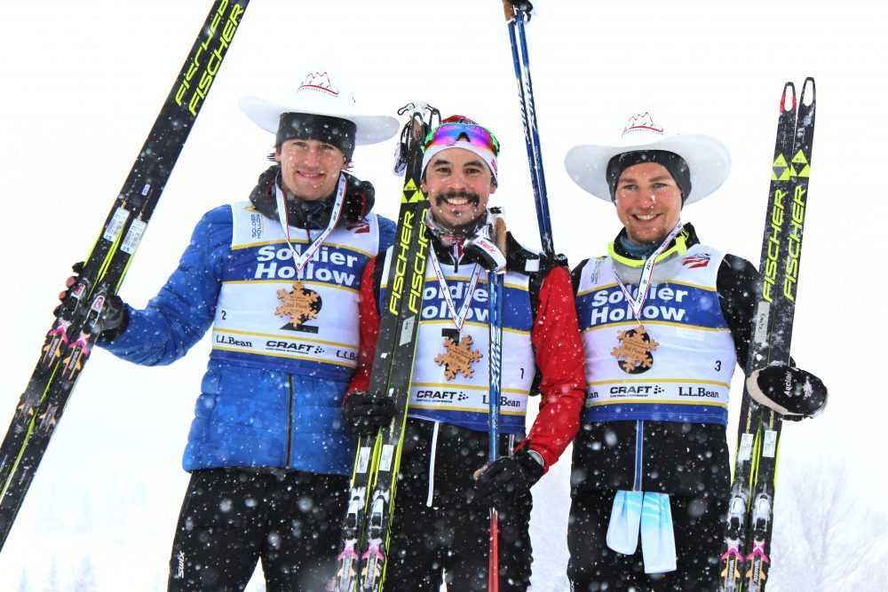 Left to right: Julien Locke of the Alberta World Cup Academy along with Jess Cockney of Canada's World Cup B-team and Knute Kohnsgaard also of the Alberta World Cup Academy standing on the podium for freestyle sprint prologue on Thursday at U.S. nationals in Midway, Utah. 