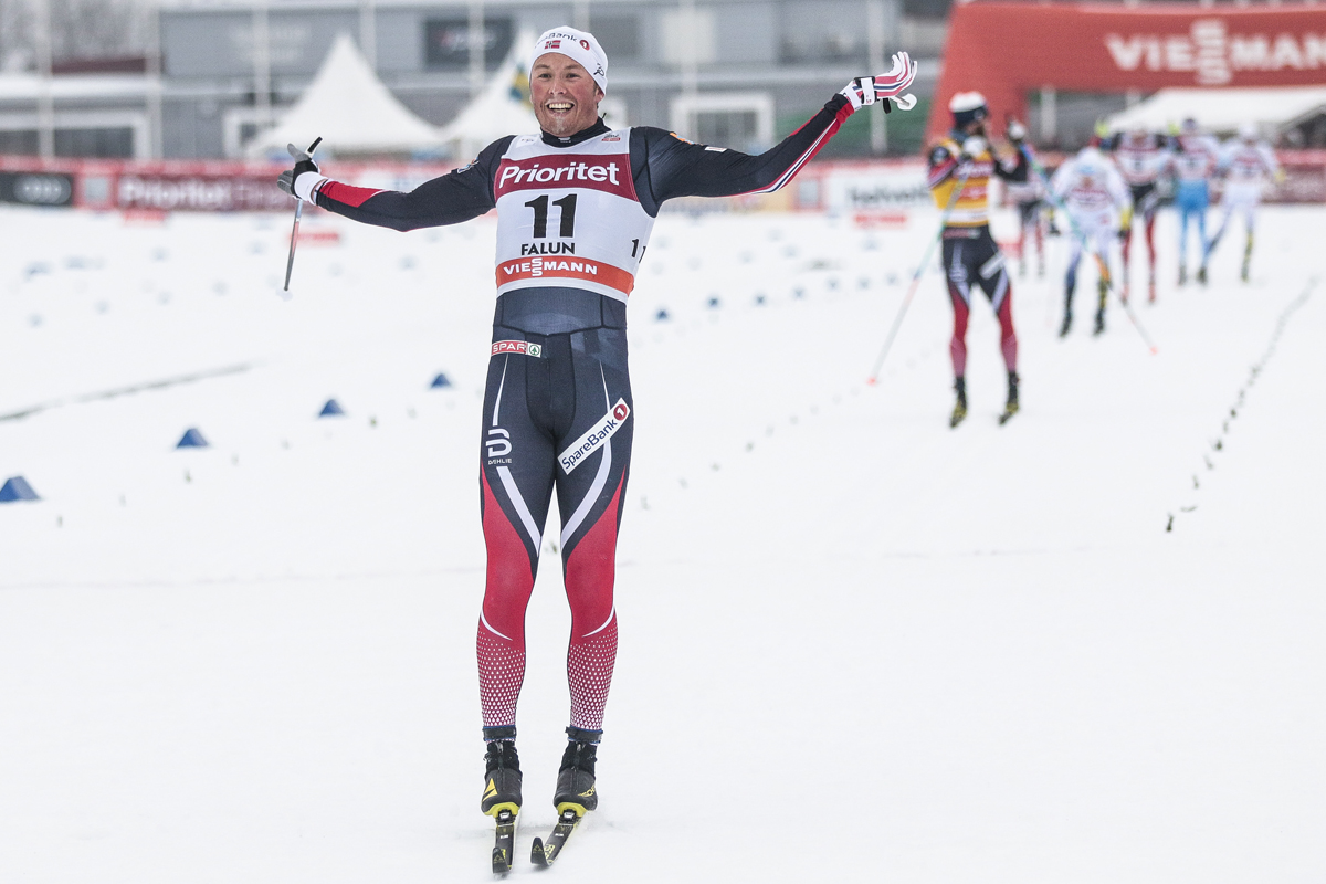 Norway's 25-year-old Emil Iversen celebrates his first win of the season on Sunday in the men's 30 k classic mass start, which he won by 3.7 seconds over fellow Norwegian Martin Johnsrud Sundby. (Photo: Fischer/NordicFocus)