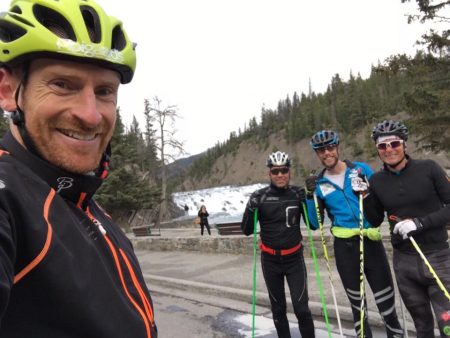Brian Gregg, Jon Arne Enevoldsen, Erik Carleton, and Ian Murray during a double-pole rollerski to Banff. (Selfie: Brian Gregg)