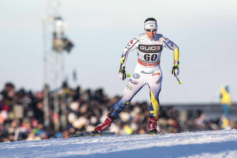 Sweden's Charlotte Kalla racing to a third place finish in the women's 10-kilometer freestyle race on Saturday in Ulricehamn, Sweden. (Photo: Fischer/Nordic Focus)